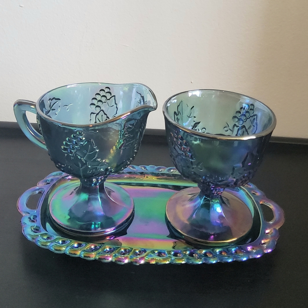 Vintage Indiana Blue Carnival Glass Creamer and Sugar with Tray